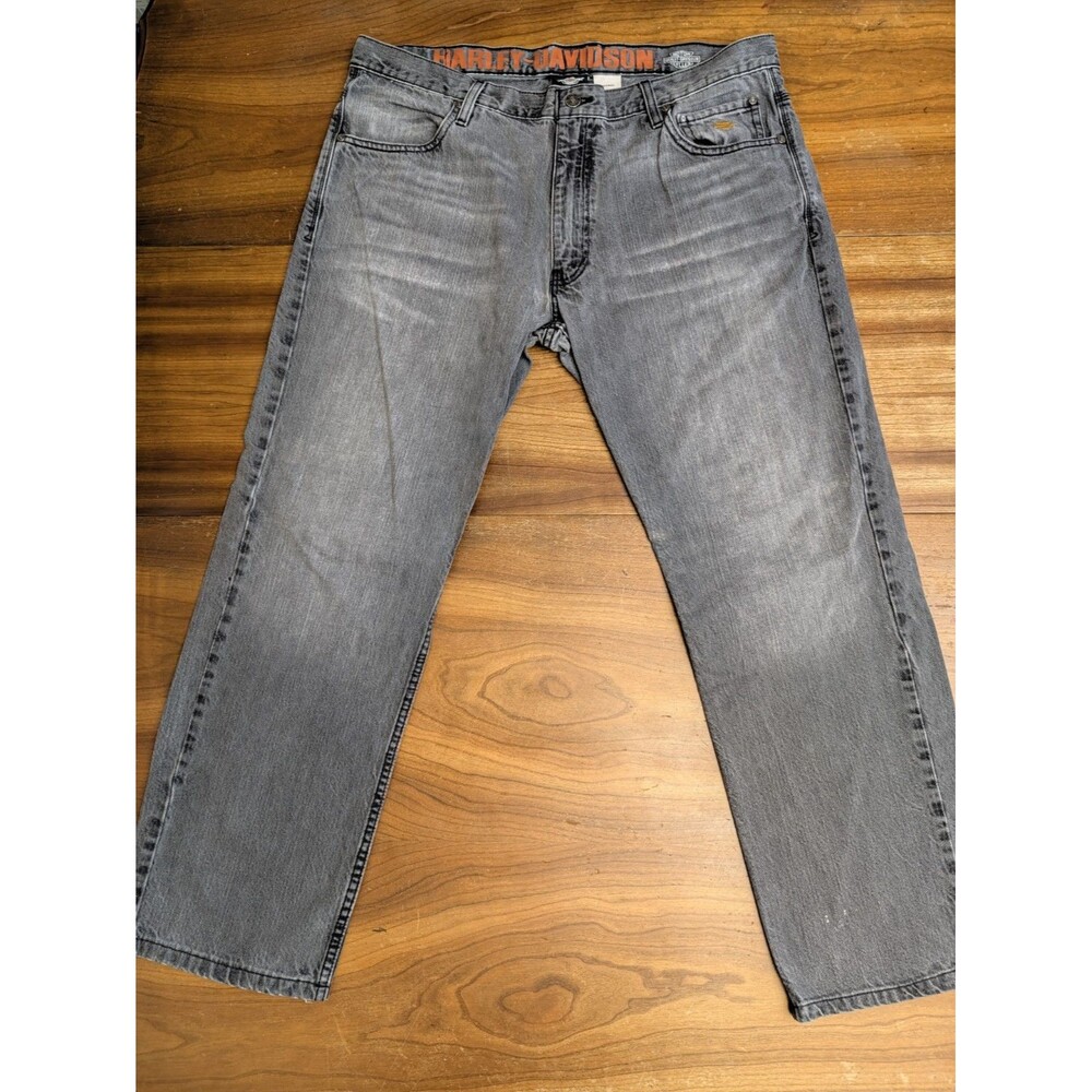 Harley Davidson Gray Jeans Men 36x32(29) Straight Faded Whiskers Motorcycle
